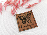 Kunstleder-Label, Lederlabel, Kunstleder-Patch, Lederpatch, 4x4cm, cognac, braun, Schmetterling, Butterfly, beautiful