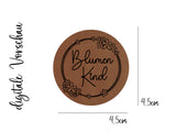 Kunstleder-Label, Lederlabel, Kunstleder-Patch, Lederpatch, 4,5x4,5cm, cognac, braun, rund, Blumenkind