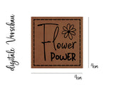 Kunstleder-Label, Lederlabel, Kunstleder-Patch, Lederpatch, 4x4cm, cognac, braun, Blumen, Flower Power