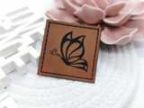 Kunstleder-Label, Lederlabel, Kunstleder-Patch, Lederpatch, 4x4cm, cognac, braun, Schmetterling, Butterfly