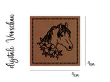 Kunstleder-Label, Lederlabel, Kunstleder-Patch, Lederpatch, 4x4cm, cognac, braun, Pferd, Pony, Blumen, reiten