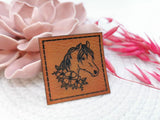 Kunstleder-Label, Lederlabel, Kunstleder-Patch, Lederpatch, 4x4cm, cognac, braun, Pferd, Pony, Blumen, reiten