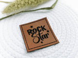 Kunstleder-Label, Lederlabel, Kunstleder-Patch, Lederpatch, 4x4cm, cognac, braun, Rock Star