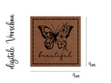 Kunstleder-Label, Lederlabel, Kunstleder-Patch, Lederpatch, 4x4cm, cognac, braun, Schmetterling, Butterfly, beautiful