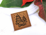 Kunstleder-Label, Lederlabel, Kunstleder-Patch, Lederpatch, 4x4cm, cognac, braun, Winter, Winterwald, Wald, Tannen, Schnee